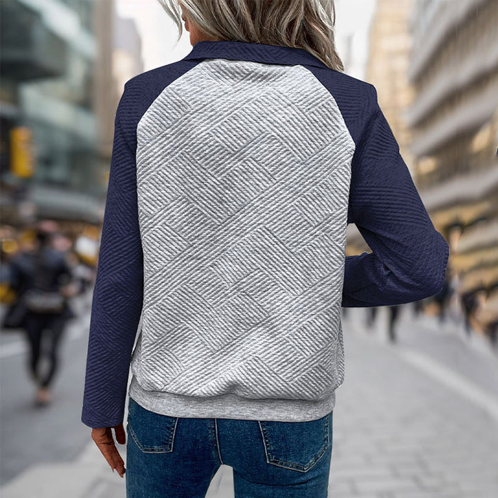 Damen Stepp-Sweatshirt mit Henley-Knopfleiste, Kängurutasche und kontrastierenden Raglanärmeln Echoarchiv
