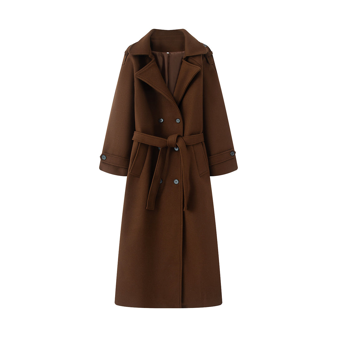Damen langer Wollmix-Trenchcoat mit Schalkragen Taillengürtel und doppelreihiger Knopfleiste – Montévia
