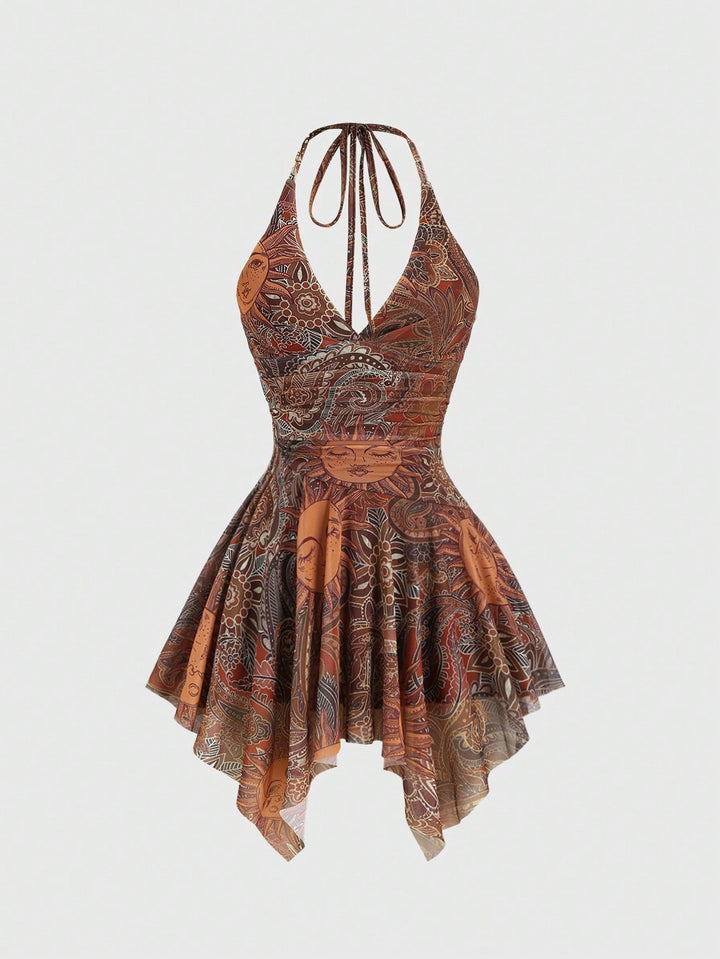 Damen lässiges Strandkleid mit asymmetrischem Saum und raffiniertem Druck Echoarchiv