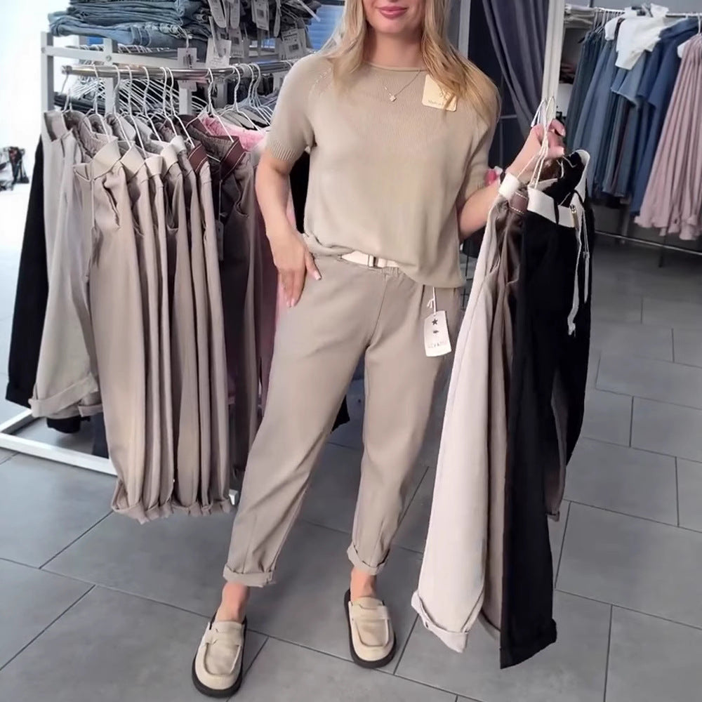 Damen nan lässige Baumwoll-Chino mit elastischem Komfortbund, Umschlag und Ziergürtel Echo Archiv