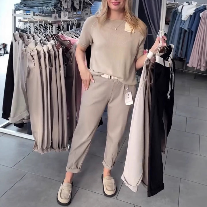 Damen nan lässige Baumwoll-Chino mit elastischem Komfortbund, Umschlag und Ziergürtel Echo Archiv