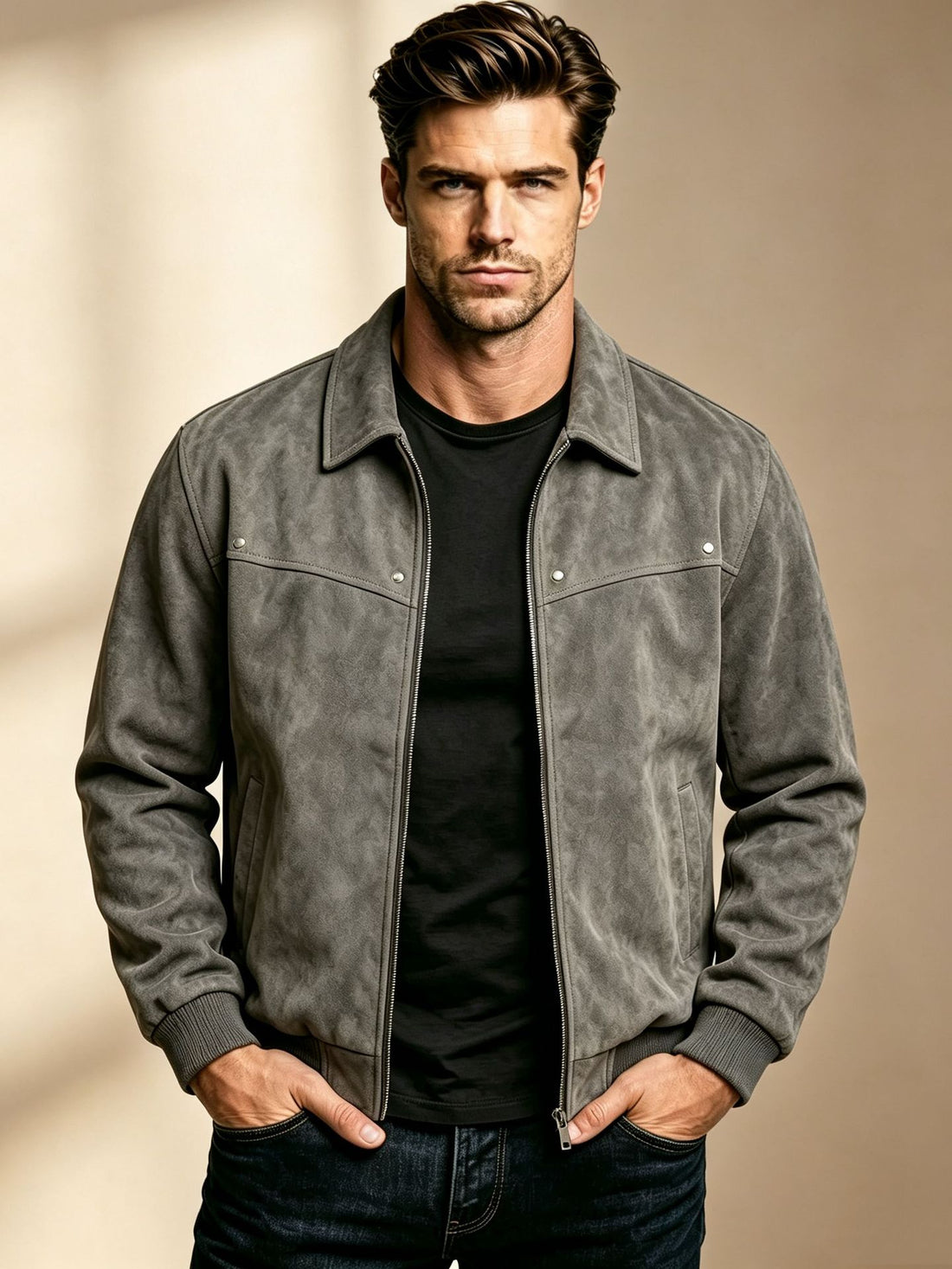 Herren Modische Lederjacke mit klassischem Kragen – Valtoré
