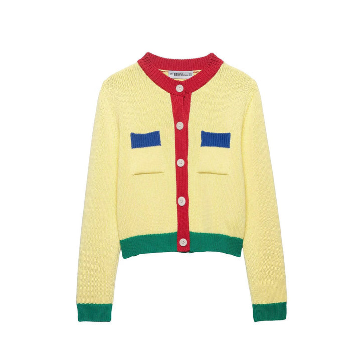 Damen Kurze Strickjacke mit Kontrastblende und Zierbrusttaschen Echo Archiv