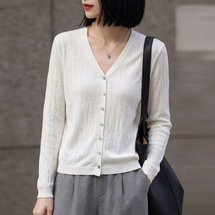 Damen V‑Ausschnitt-Feinstrickcardigan mit strukturierter Blockoptik und durchgehender Knopfleiste Echoarchiv