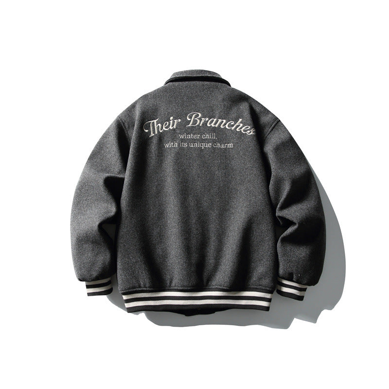 Herren Boxy College‑Blousonjacke aus Wollmix mit Druckknopfverschluss und gestreiften Rippbündchen Echoarchiv