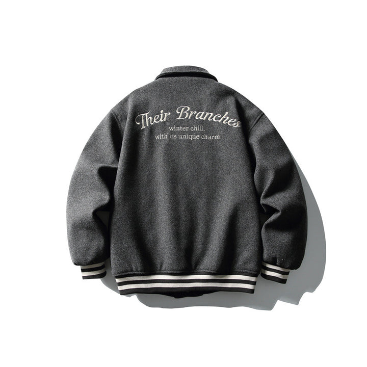 Herren Boxy College‑Blousonjacke aus Wollmix mit Druckknopfverschluss und gestreiften Rippbündchen Echoarchiv
