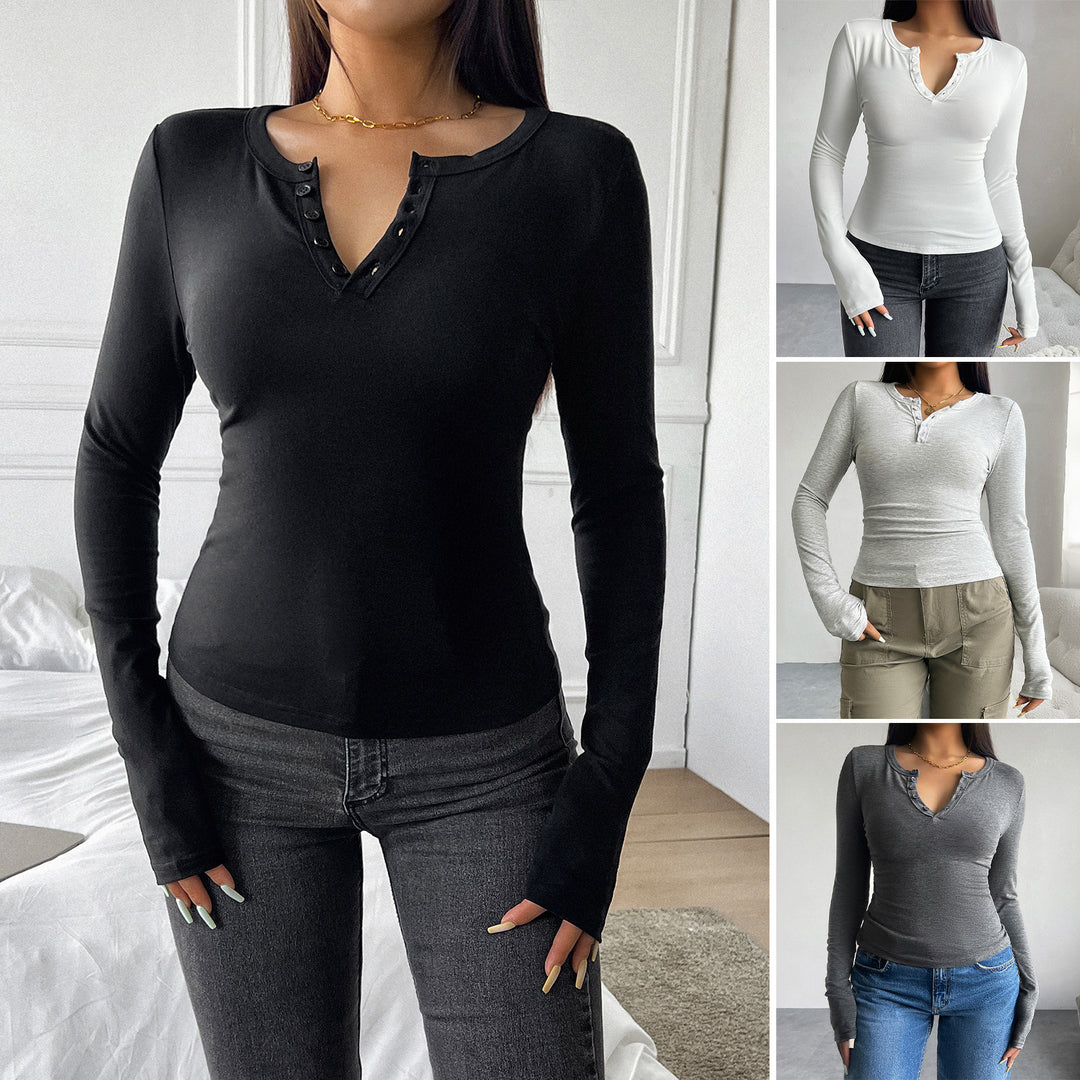 Damen tailliertes Henley-Longsleeve mit Stretchjersey und Daumenloch – Avérine