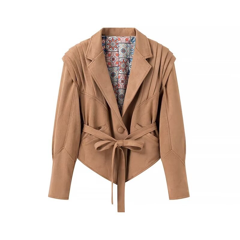 Damen nan taillierte Veloursoptik Blazerjacke mit Bindegürtel, betonter Schulter und gemusterter Innenfütterung Echo Archiv