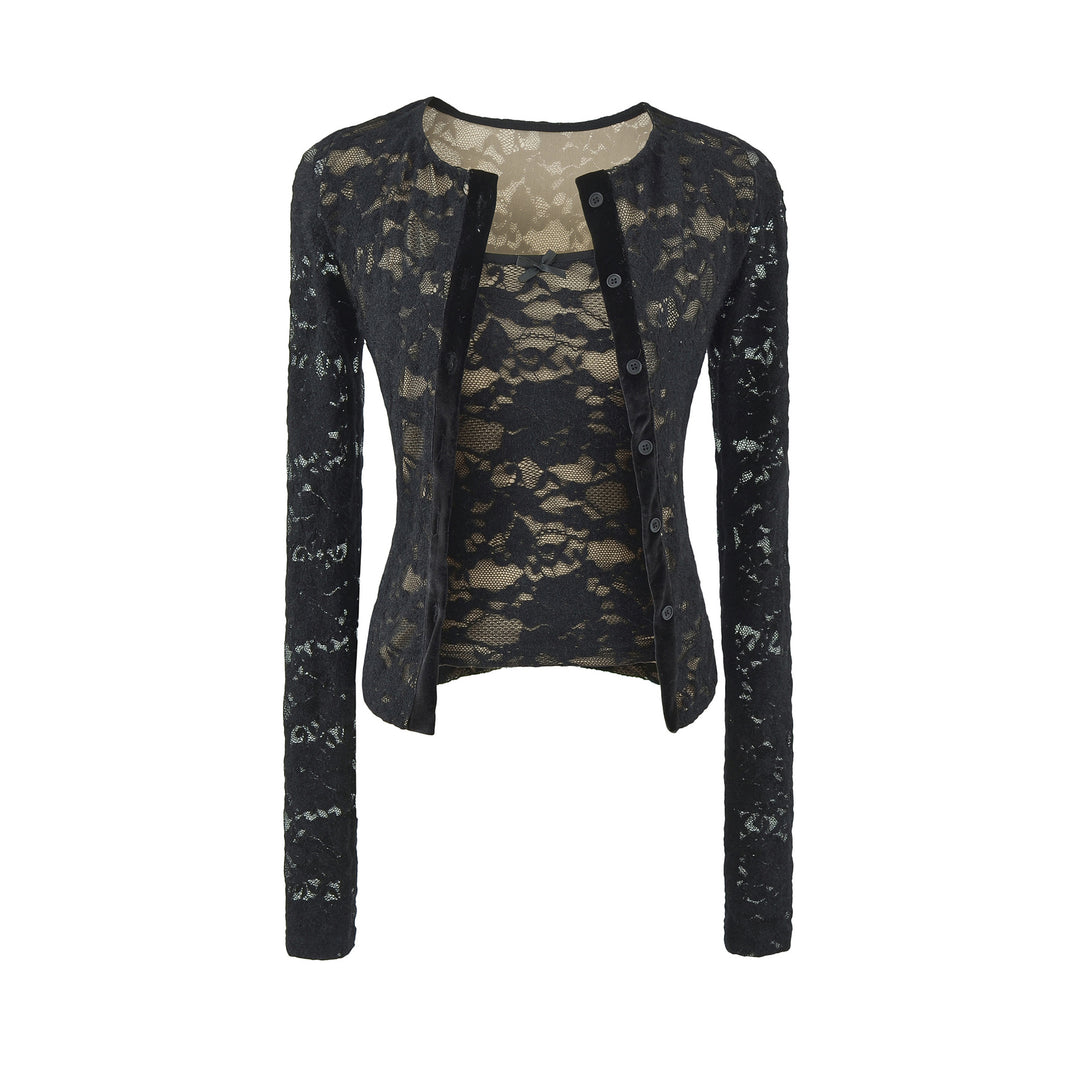 Damen Feiner Spitzen-Cardigan mit passendem Untertop und Samtbesatz Echoarchiv