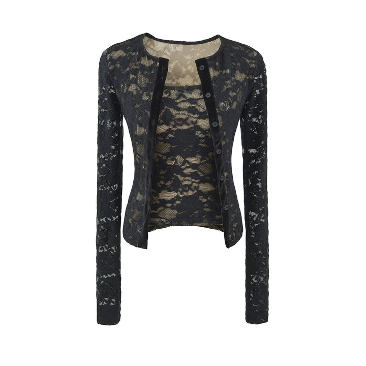 Damen Feiner Spitzen-Cardigan mit passendem Untertop und Samtbesatz Echoarchiv