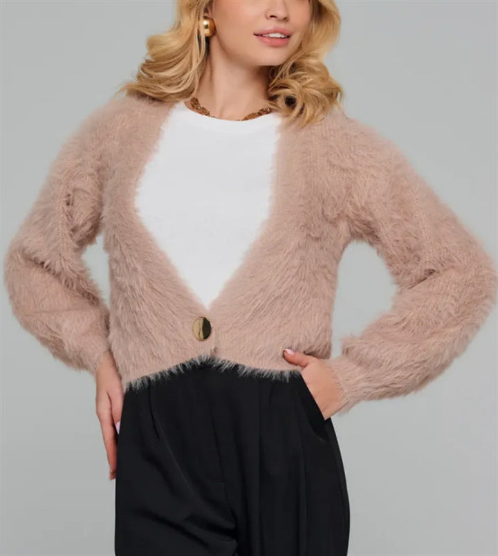 Damen Kurze flauschige Kunstfell-Cardigan mit offenem Schnitt und Raglanärmeln – Veloura