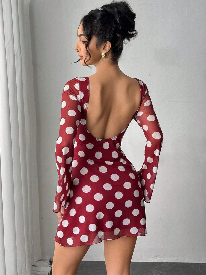 Damen nan figurbetontes transparentes Netz-Minikleid mit tiefem Rückenausschnitt und Punktmuster Echo Archiv