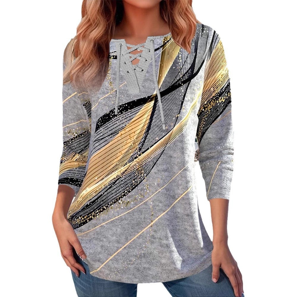 Damen nan Schnürkragen-Longshirt mit dreiviertel-Ärmeln und grafischem Metallic-Print Echo Archiv