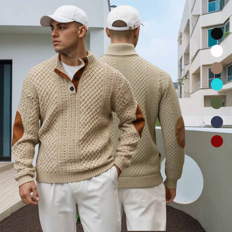 Herren Troyer-Pullover mit Stehkragen, strukturierter Strickoptik und Kontrast-Ellbogenpatches Echoarchiv