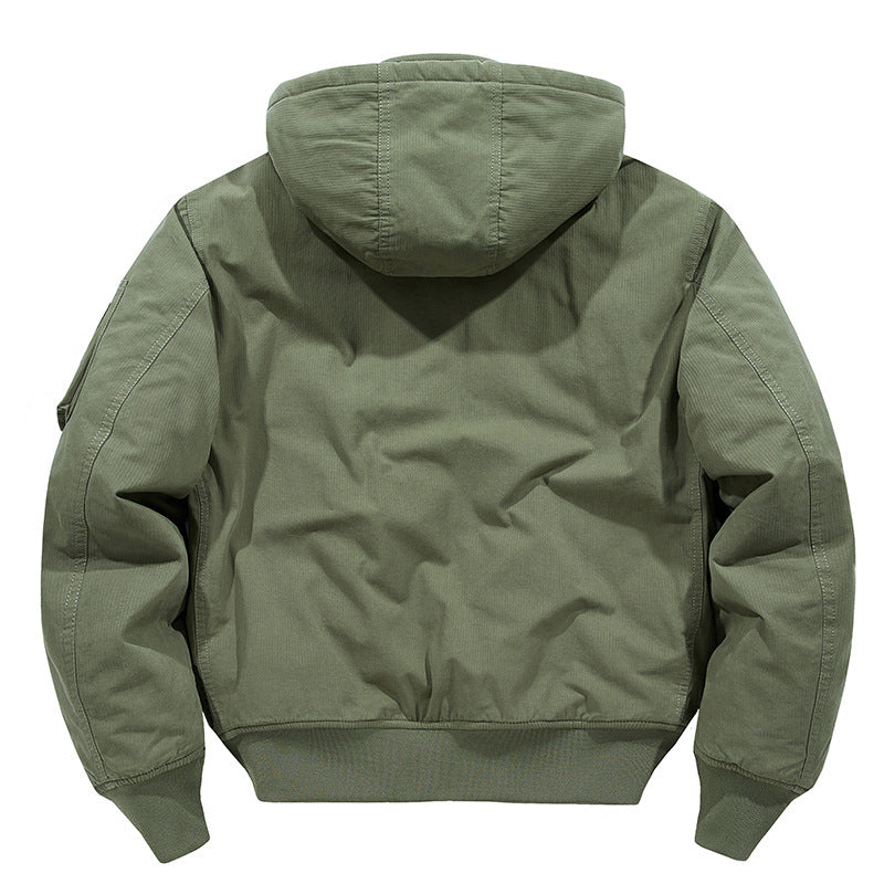 Herren Canvas-Field-Bomberjacke mit Kapuze, Utility-Ärmeltasche und geripptem Saum – Brevano