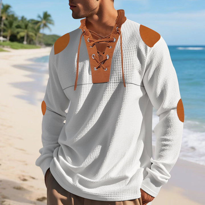 Herren lässiges Langarm-Henley-Shirt mit ausgefallenem Schnürdesign und kontrastrierenden Ellenbogen-Patches Echoarchiv