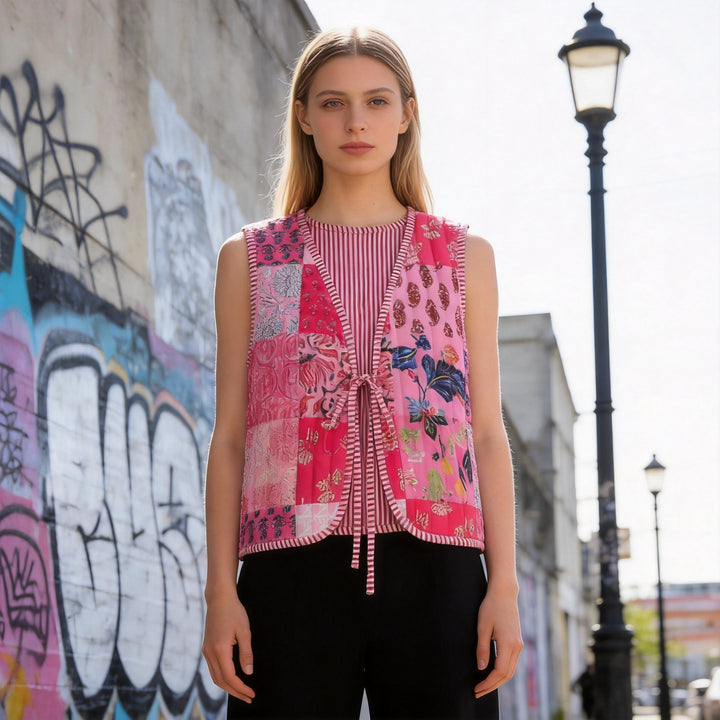 Damen Patchwork-Weste mit V-Ausschnitt, Bindeband und gestreiftem Innenfutter Echo Archiv