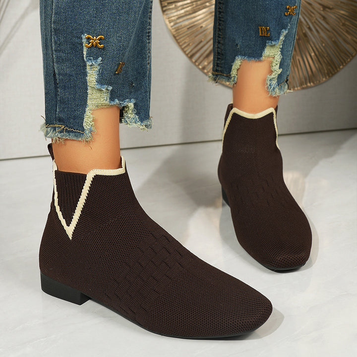 Damen nan gestrickte Sock-Stiefelette mit elastischem V-Einsatz, Zugschlaufe und flachem Blockabsatz Echo Archiv