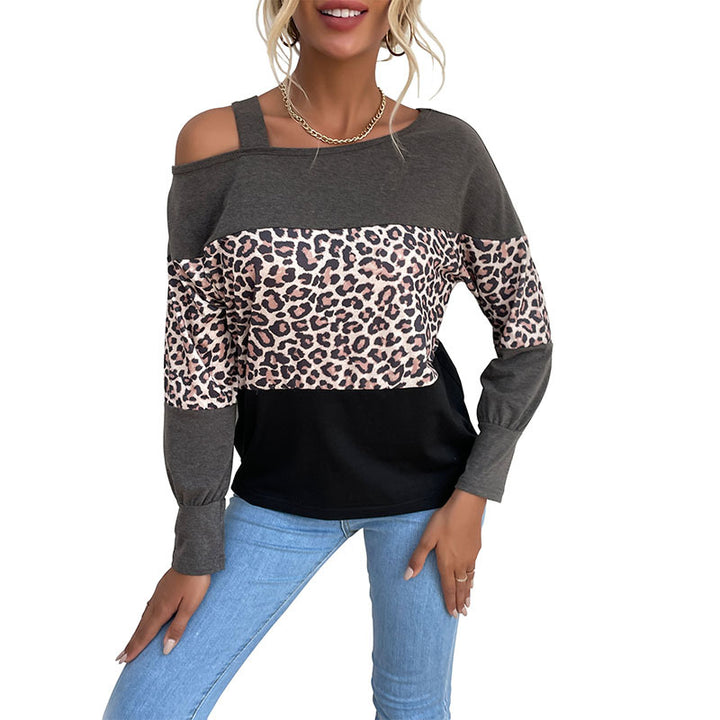 Damen Legerer Off-Shoulder Pullover mit Leoparden‑Print, Kontrastblöcken und Spaghettiträger Echoarchiv