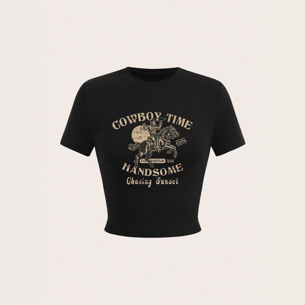 Damen Crop-Shirt mit auffälligem Cowboy-Motiv und stilvollem Schnitt Echo Archiv