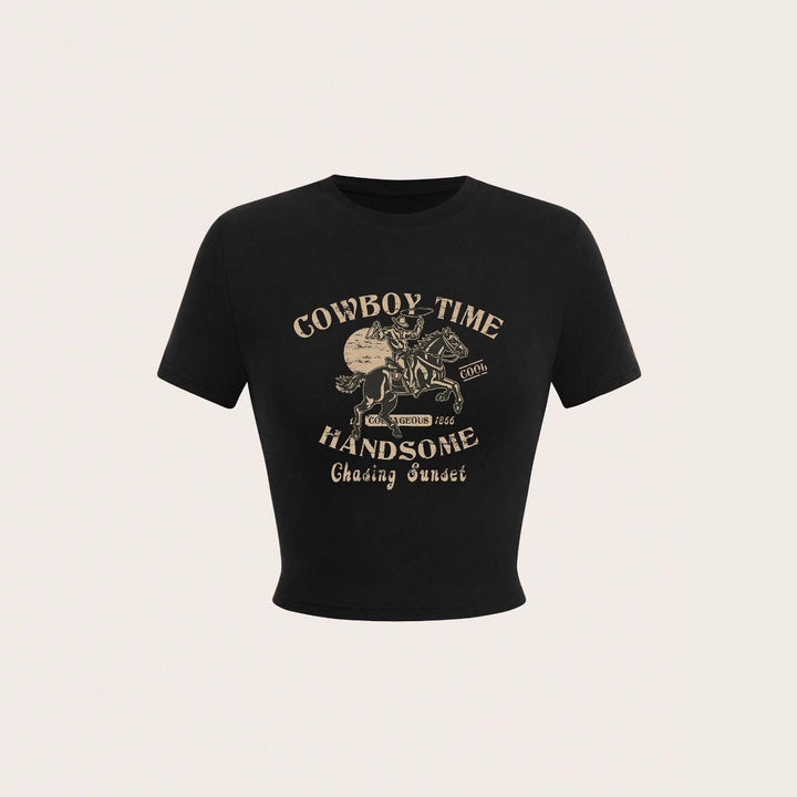 Damen Crop-Shirt mit auffälligem Cowboy-Motiv und stilvollem Schnitt Echo Archiv