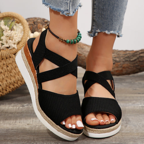 Damen Komfort-Keil-Sandalen mit elastischem Kreuzriemen und geflochtener Plateau-Sohle – Sorelia
