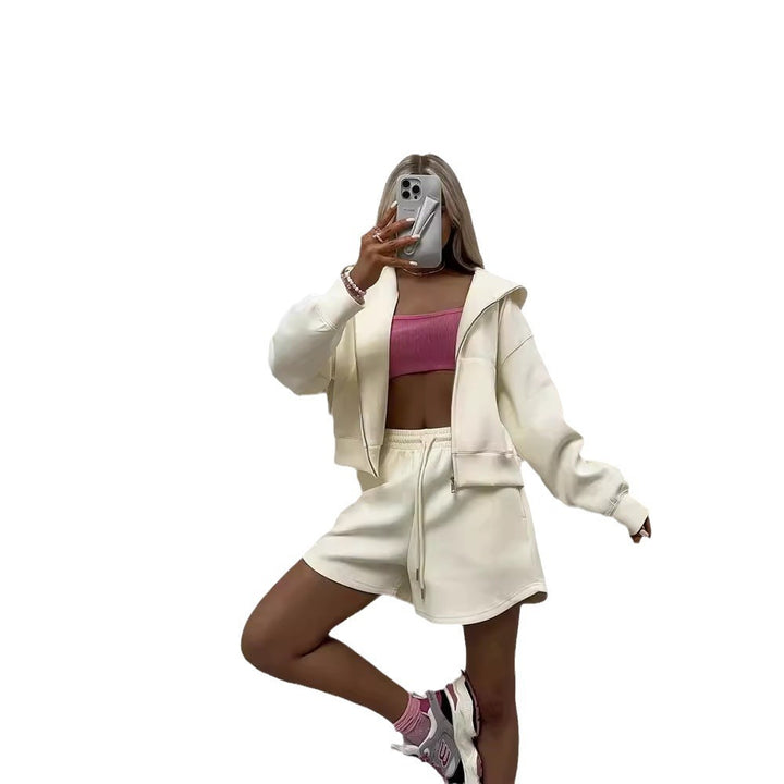 Damen nan kurzes Kapuzen-Sweatshirt mit Reißverschluss und elastischer Highwaist-Relax-Shorts Set Echo Archiv