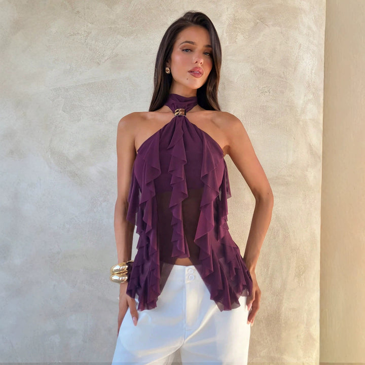 Damen nan Chiffon-Haltertop mit dekorativem Metallring und mehrlagigen Volants Echo Archiv