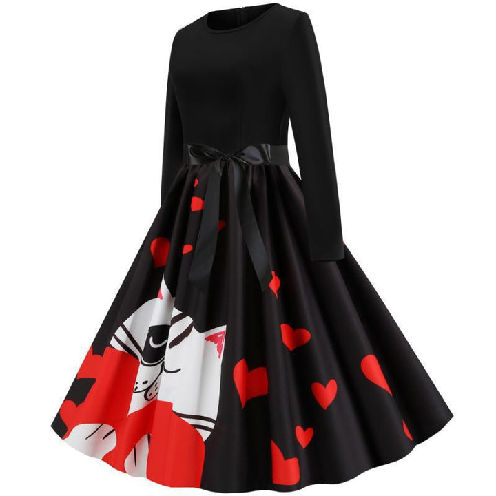 Damen Retro-Tellerkleid mit figurbetontem Oberteil, Satin-Taillengürtel und Katzen-Herz-Print – Élara