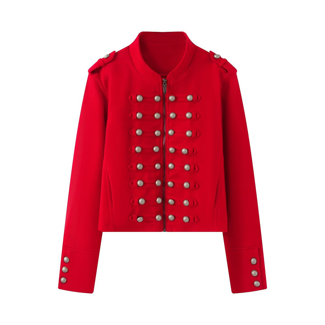 Damen Kurzgeschnittene Militärjacke mit Perlenbesatz und Stehkragen Echoarchiv