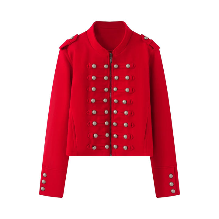 Damen Kurzgeschnittene Militärjacke mit Perlenbesatz und Stehkragen Echoarchiv