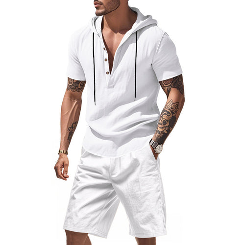 Herren lässiges Hoodie-Shorts-Set mit modischem Henley-Ausschnitt und atmungsaktiven Eigenschaften Echoarchiv
