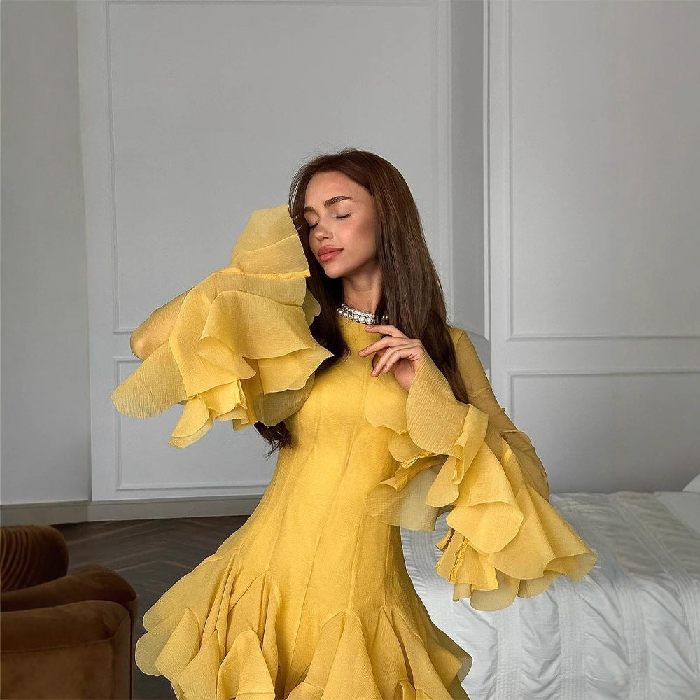 Damen Rüschen‑Chiffon‑Minikleid mit Volants und transparenten Ärmeln Echoarchiv