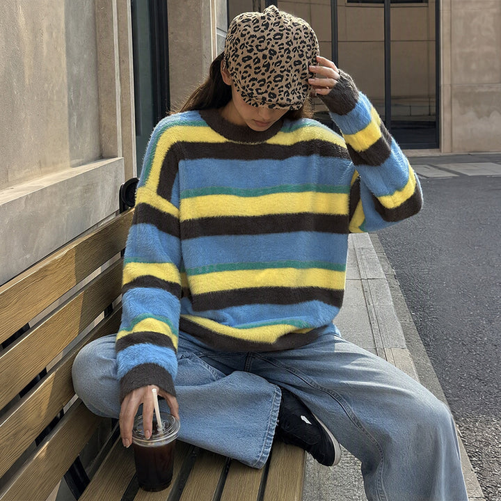 Damen Lässig gestrickter Pullover mit buntem Streifenmuster Echo Archiv