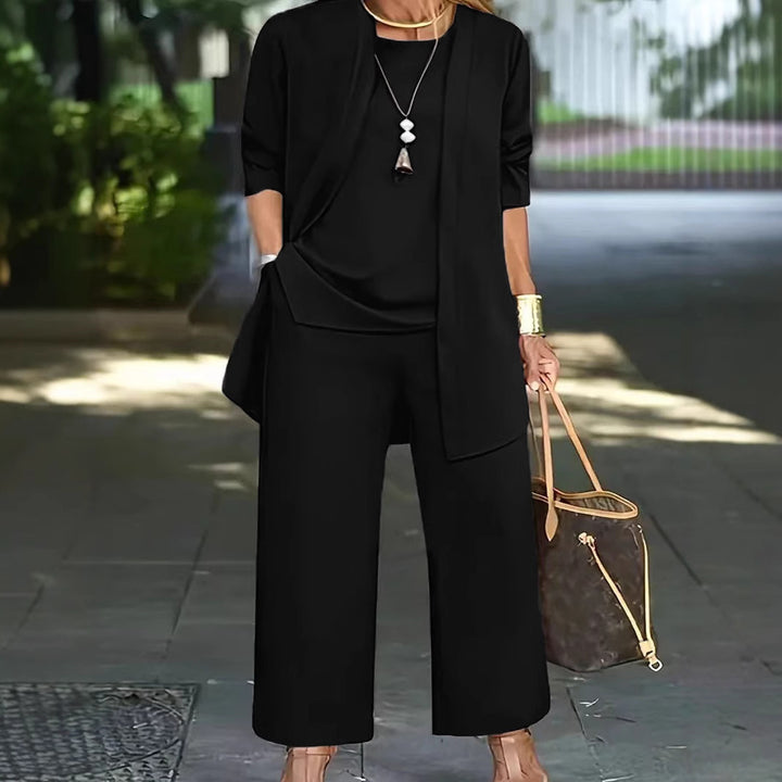 Damen Elegantes Zweiteiler-Set mit offenem Longcardigan, ärmellosem Top und weiter Palazzo-Hose – Élanora