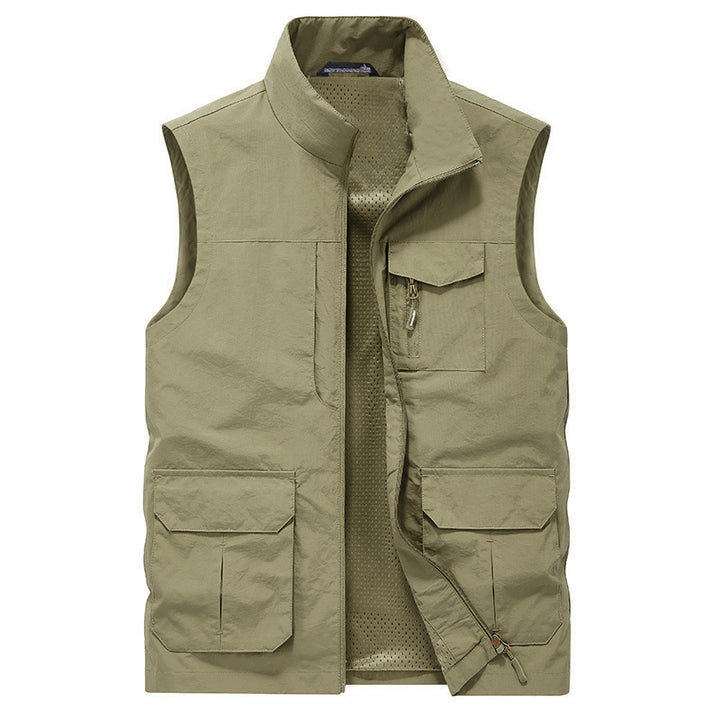 Herren Mehrtaschen Utility-Weste mit Reißverschluss, Mesh‑Innenfutter und Stehkragen Echoarchiv