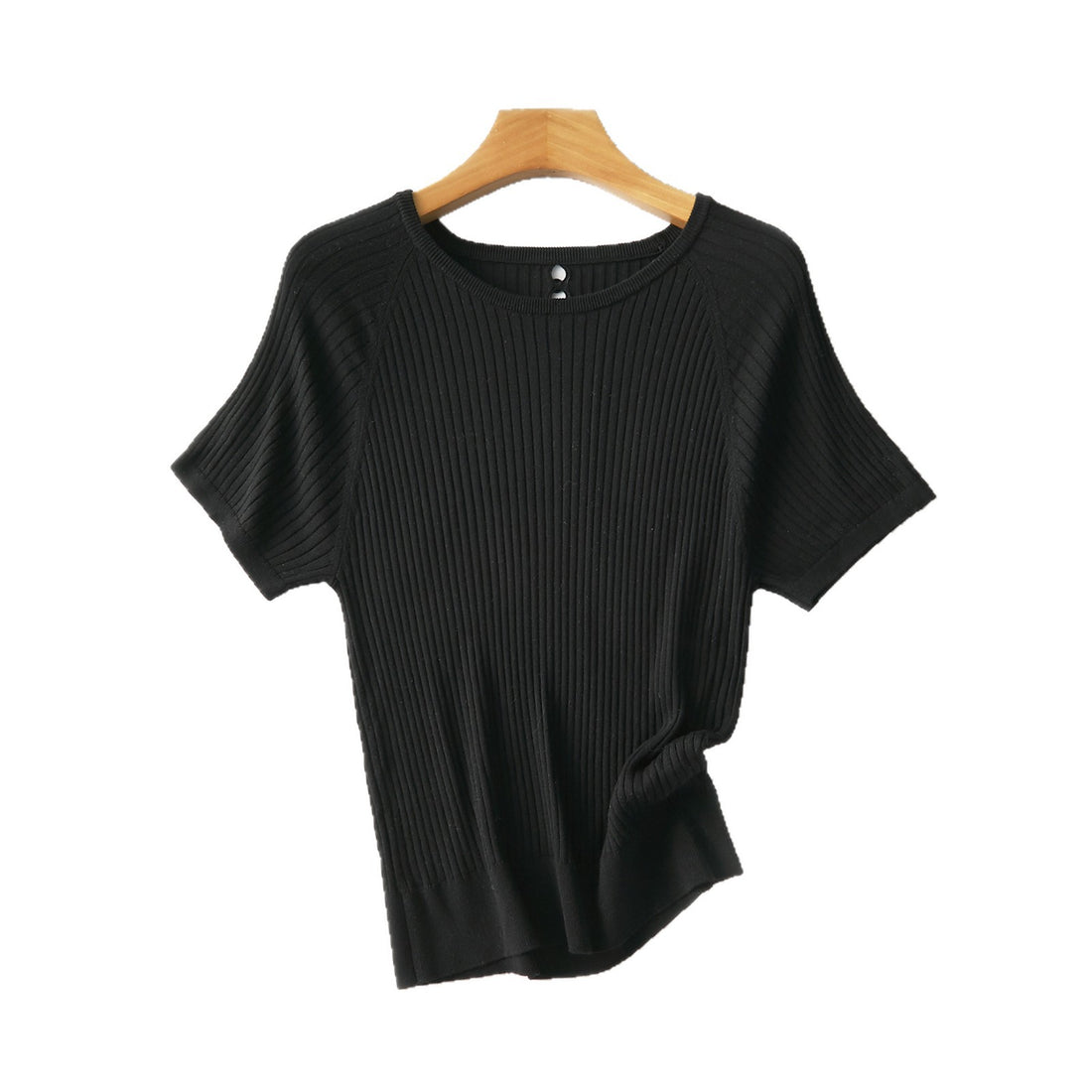 Damen Geripptes Kurzarm-Strickshirt mit Rundhalsausschnitt und Schlüsselloch-Detail Echo Archiv