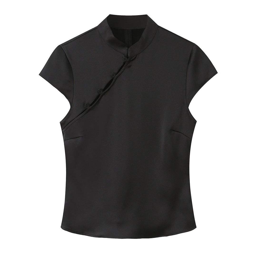 Damen elegantes Oberteil mit asymmetrischem Kragen und Knopfdetails Echo Archiv