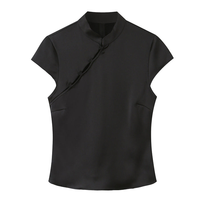 Damen elegantes Oberteil mit asymmetrischem Kragen und Knopfdetails Echo Archiv