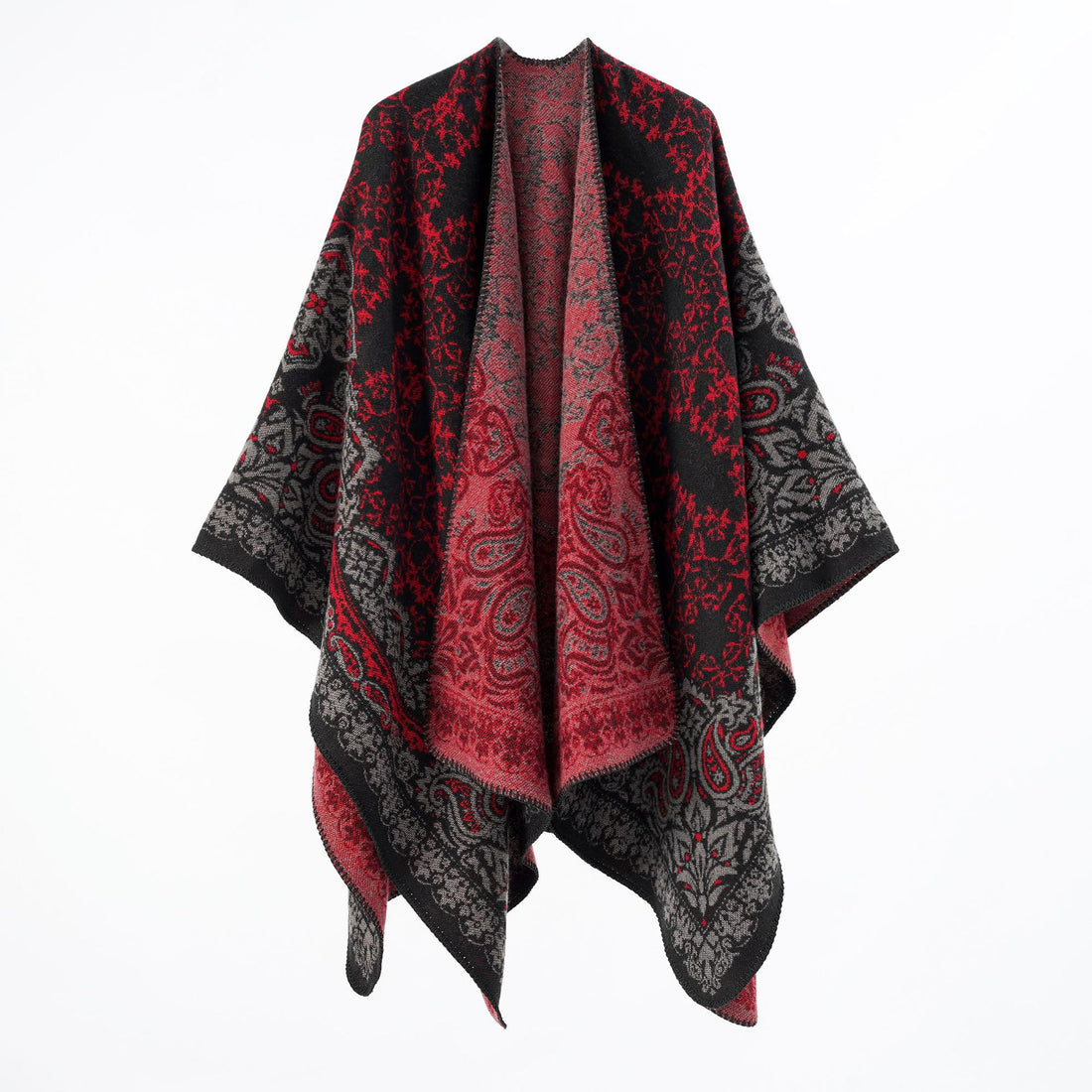 Damen Überwurfponcho im Double-Face‑Jacquard mit Paisley‑Inspiration und Zierstichkante – Célinea