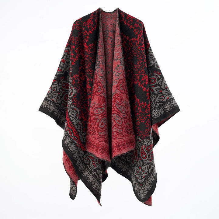 Damen Überwurfponcho im Double-Face‑Jacquard mit Paisley‑Inspiration und Zierstichkante – Célinea
