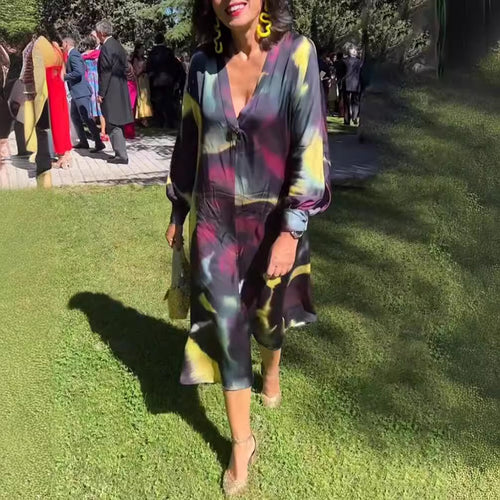 Damen nan fließendes Midikleid mit abstraktem Print, V-Ausschnitt, Ballonärmeln und Schmuckverschluss Echo Archiv