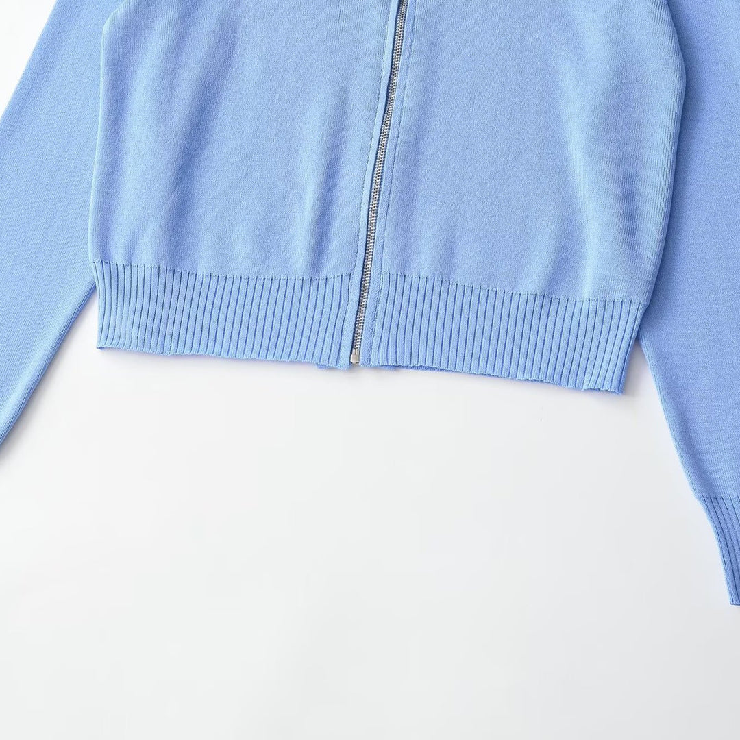 Damen Kurzgeschnittene Strickjacke mit breitem Reverskragen und Reißverschluss Echo Archiv