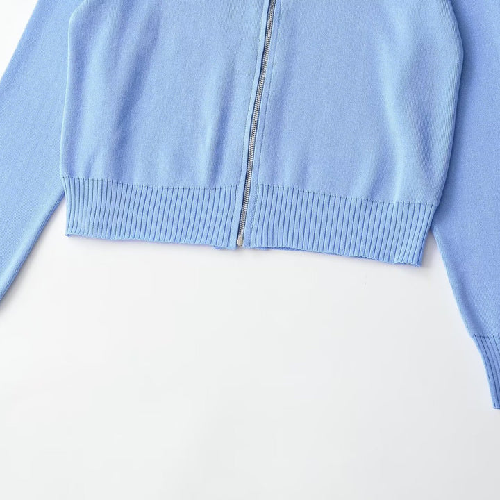 Damen Kurzgeschnittene Strickjacke mit breitem Reverskragen und Reißverschluss Echo Archiv