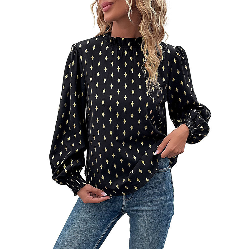 Damen Elegante Rüschen-Stehkragen-Bluse mit Puffärmeln und Smokbündchen Echoarchiv