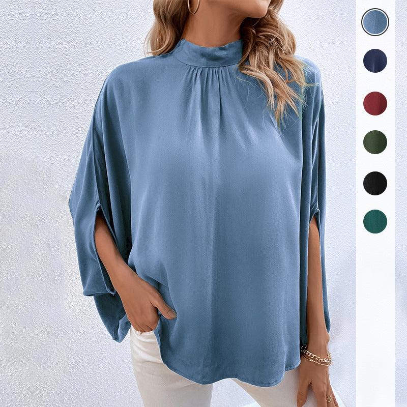 Damen Elegante Satin-Bluse mit Stehkrragen, Fledermausärmeln und Ärmelschlitzen – Élovi