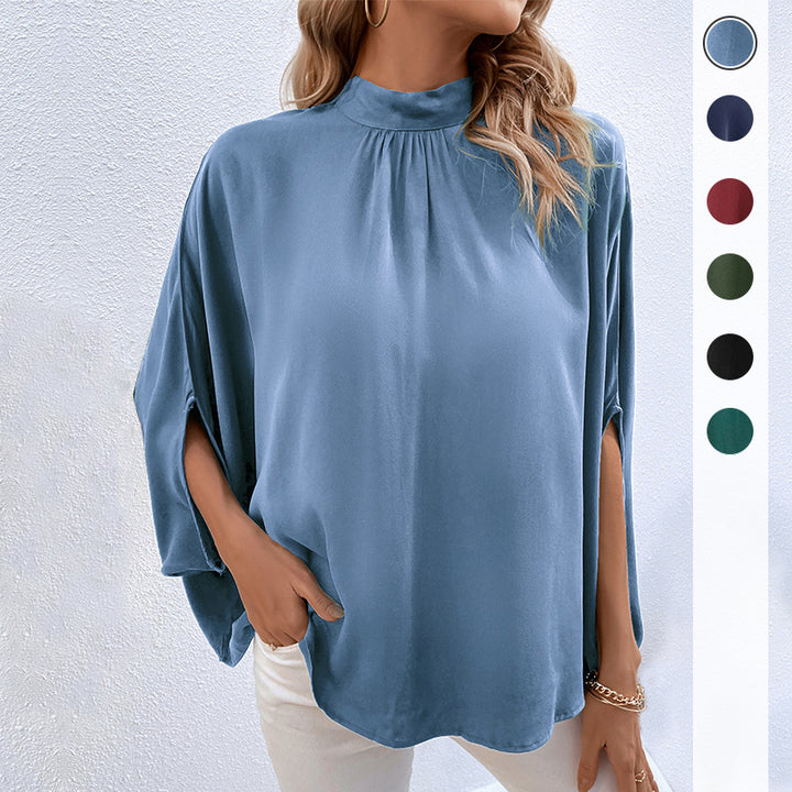 Damen Elegante Satin-Bluse mit Stehkrragen, Fledermausärmeln und Ärmelschlitzen – Élovi
