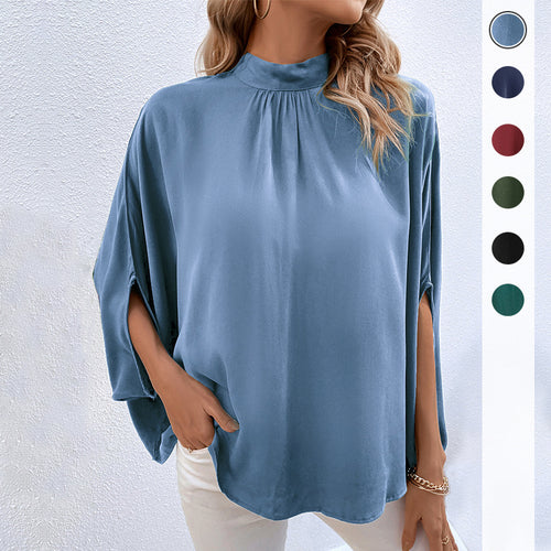 Damen Elegante Satin-Bluse mit Stehkrragen, Fledermausärmeln und Ärmelschlitzen – Élovi