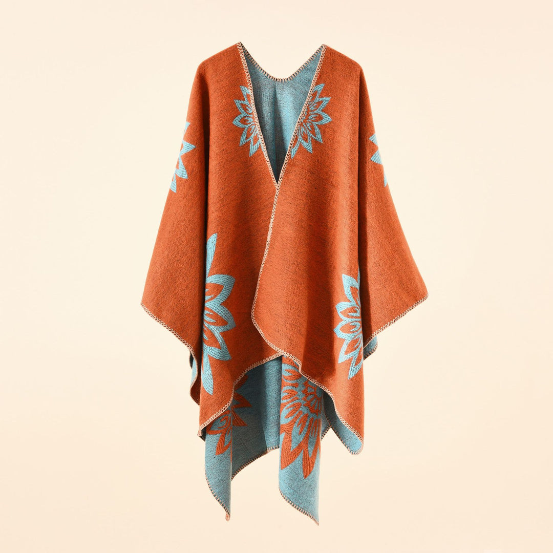 Damen Oversize‑Umhang im Wendefinish mit floraler Intarsienstickerei – Célinea