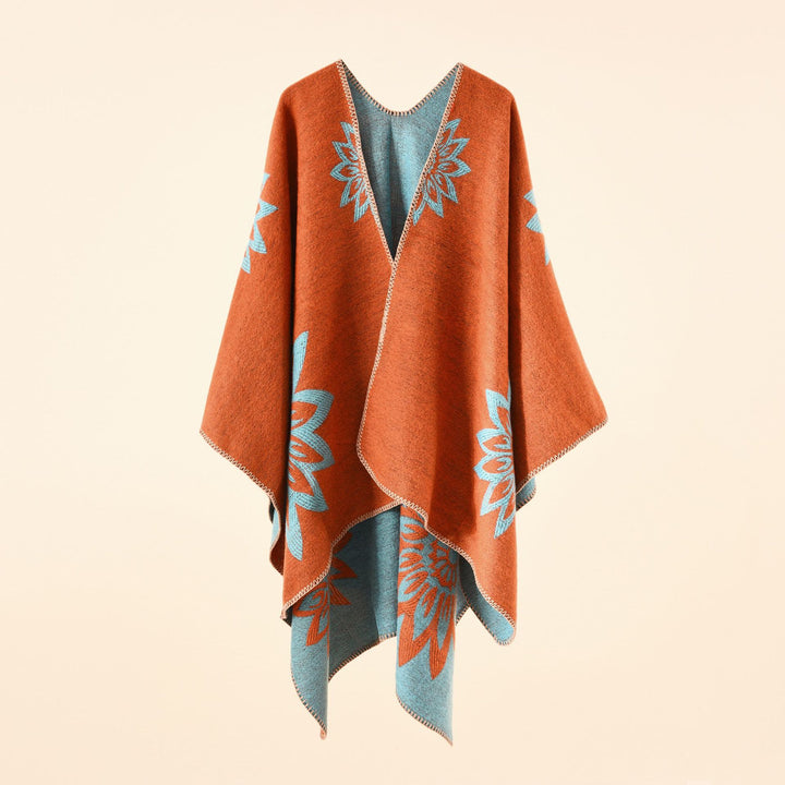 Damen Oversize‑Umhang im Wendefinish mit floraler Intarsienstickerei – Célinea